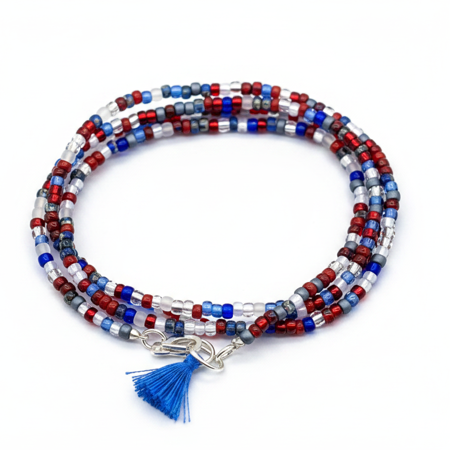 Red White Blue Seed Bead Wrap - White Background