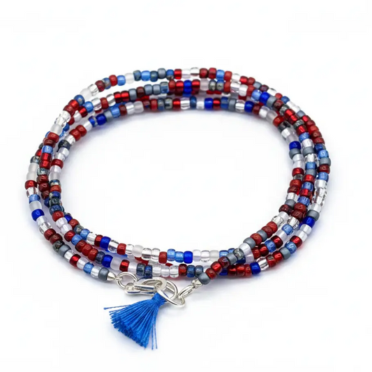 Convertible Seed Bead Wrap Necklace & Bracelet - Red, White & Blue Mix