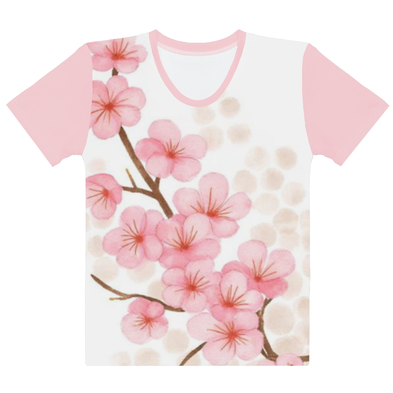 Flat lay view of a women's t-shirt with light pink sleeves and a vibrant watercolor sakura flower print on the front.