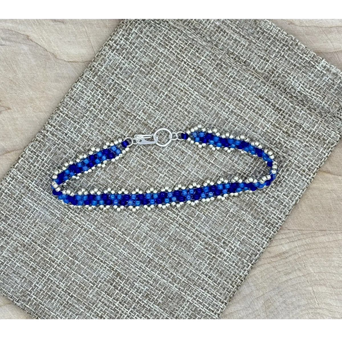 Dainty Woven Seed Bead Bracelet in Sapphire Cobalt & Silver