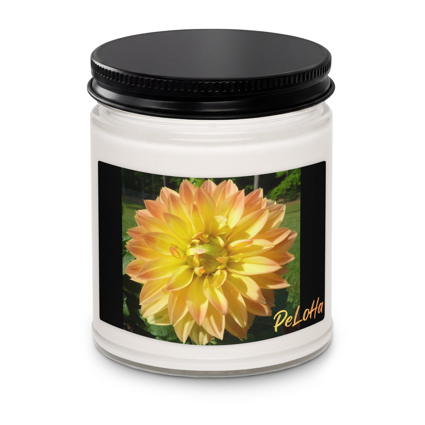 Scented candle in a smooth glass jar, with custom-illustrated label.