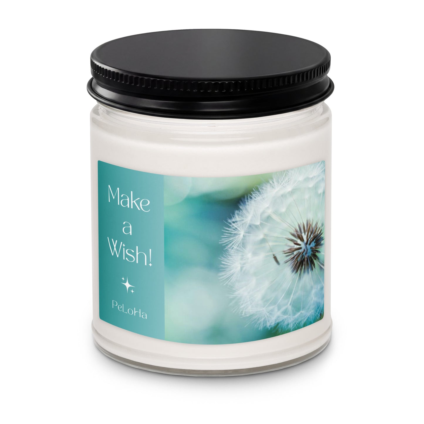 A white glass jar candle with a black screw-on lid and a teal label featuring a dandelion and the words 'Make a Wish!' and the brand name 'PeLoHa'.