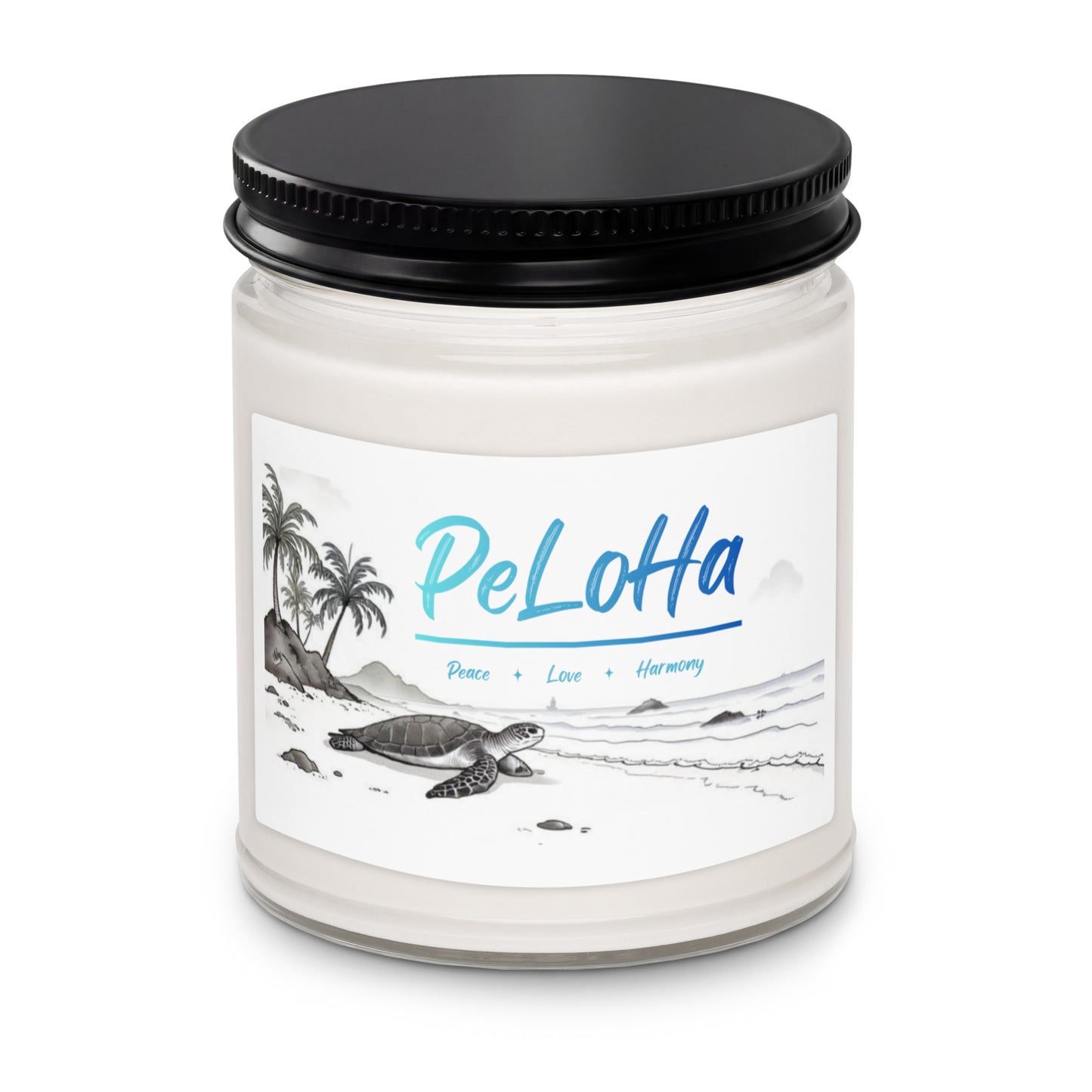 artisan soy candle with graphic of sea turtle on the beach