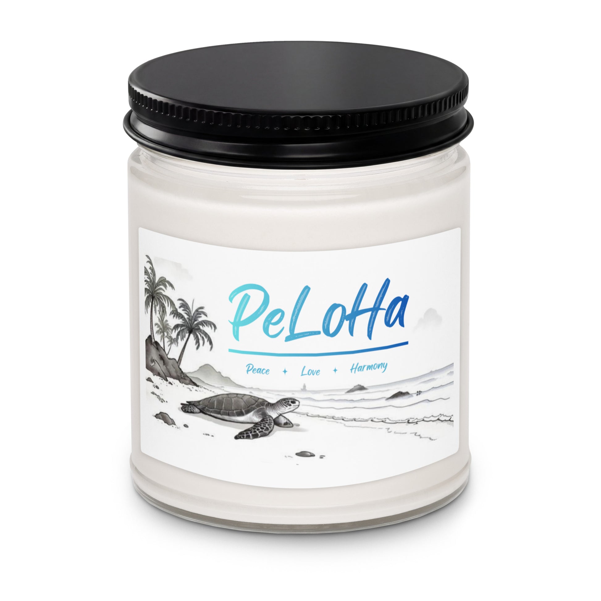 artisan soy candle with graphic of sea turtle on the beach