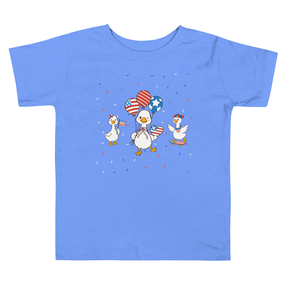 A patriotic toddler tee, featuring a playful print of festive ducks, balloons, and confetti on a white background.
