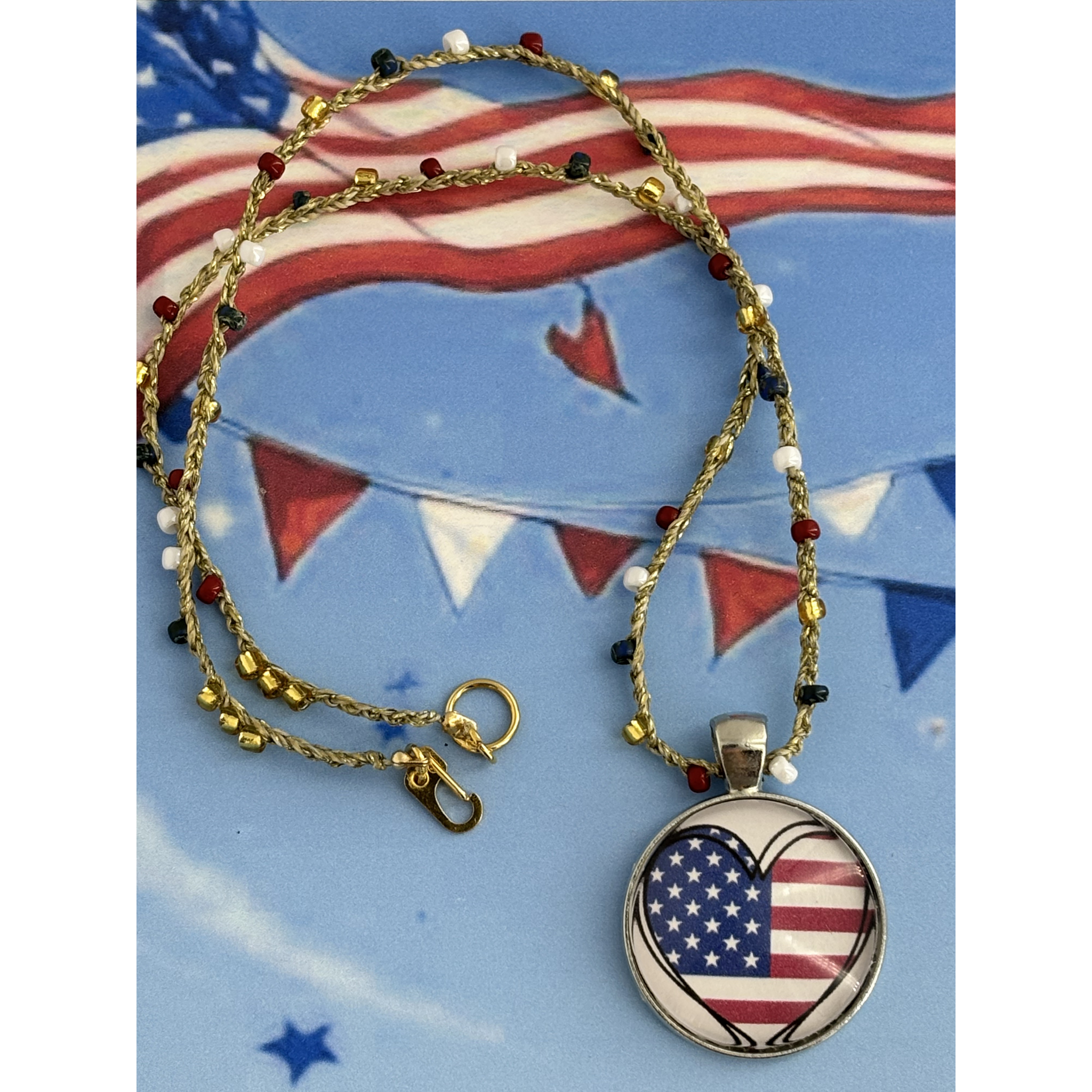 16" Patriotic Bead Crochet Necklace with Gold Accents - Choose Your Pendant