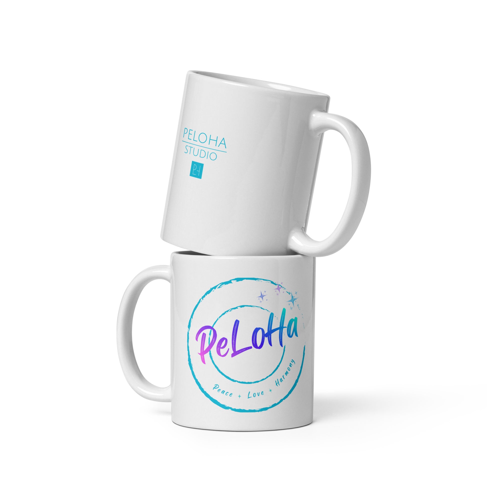 glossy white ceramic mug features PeLoHa (Peace, Love + Harmony) graphic in vibrant neon blue, pink, and purple