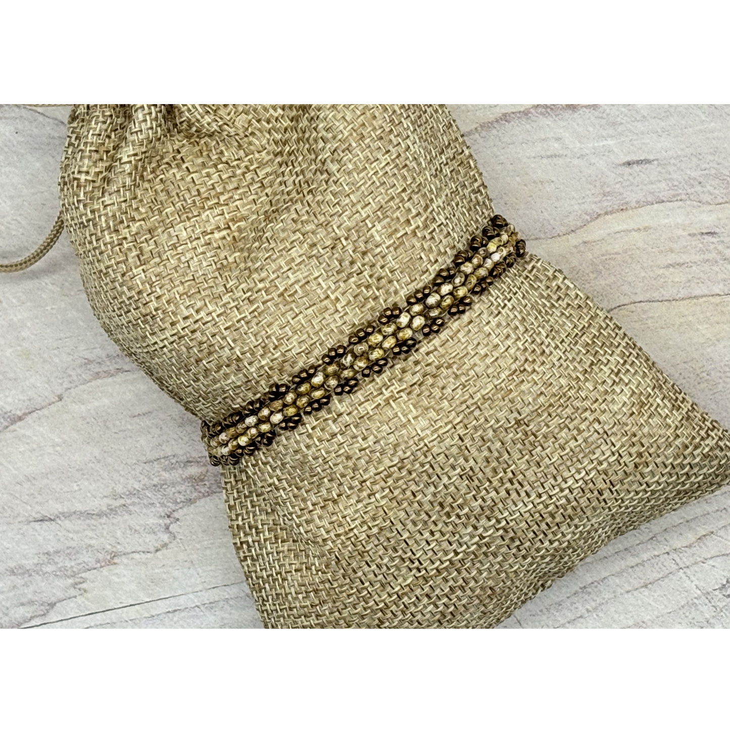 Dainty Woven Seed Bead Bracelet in White Moon Picasso & Bronze