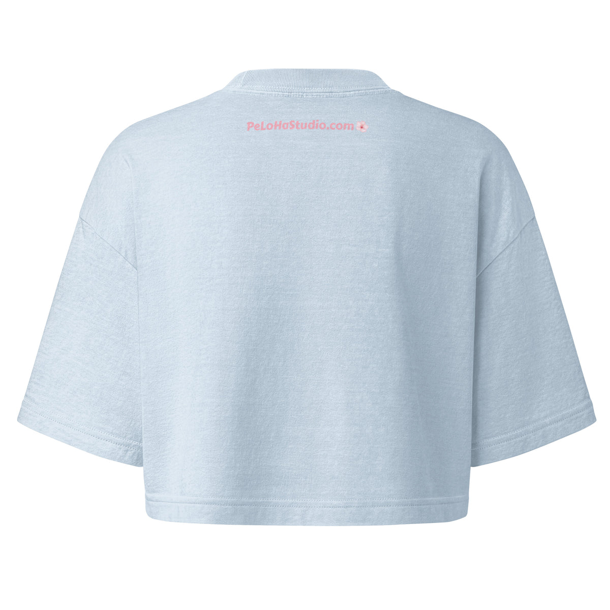 A light blue heather cropped short-sleeve t-shirt shown from the back, featuring a small pink 'PeloHoStudio.com' text print centered near the collar.