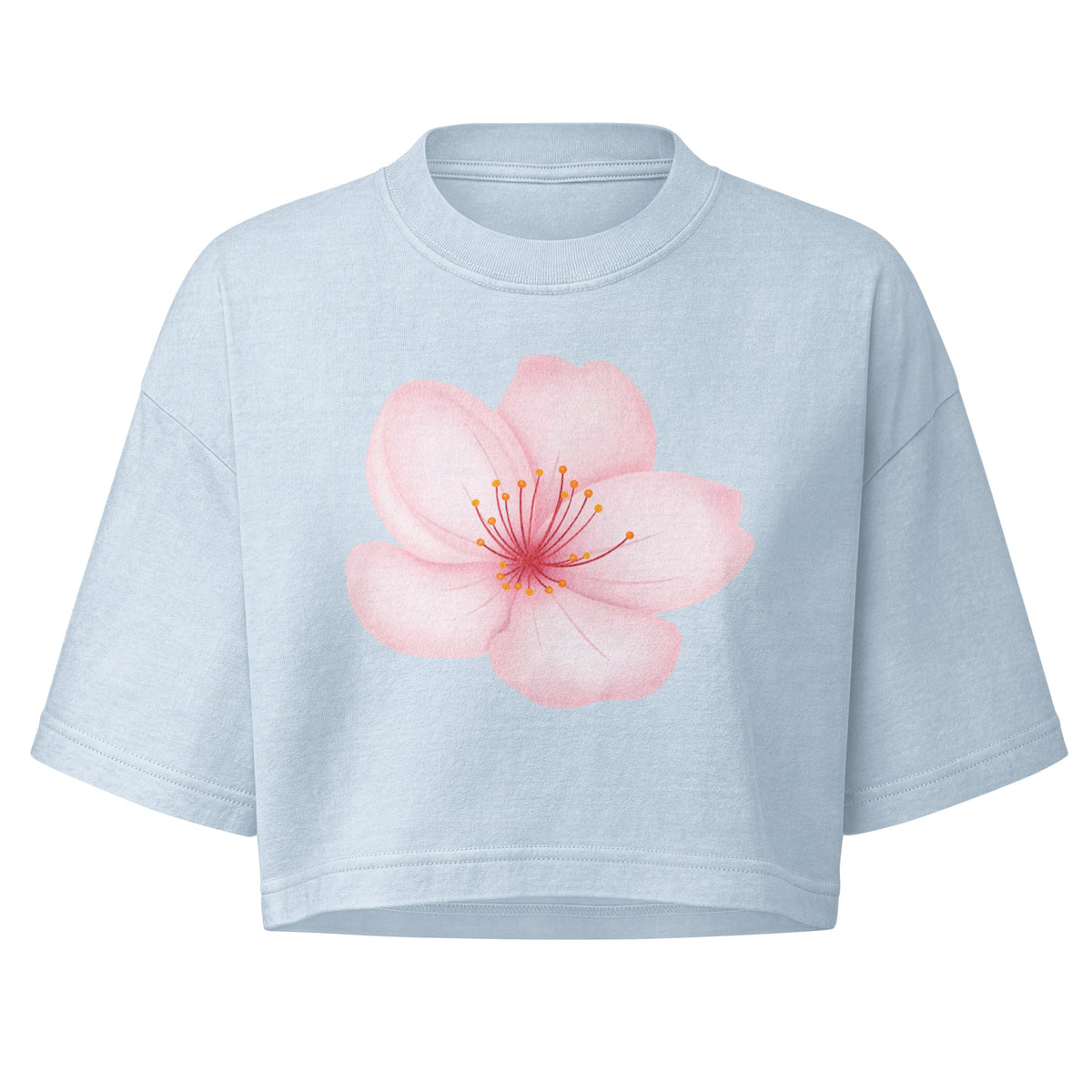 A light blue cropped short-sleeve t-shirt featuring a large pink cherry blossom graphic printed on the front, displayed against a solid white background.