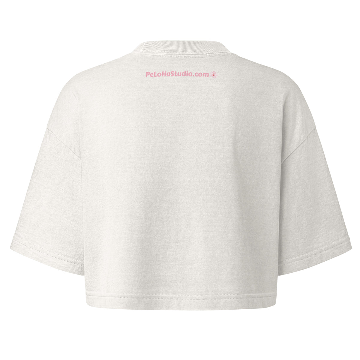The back of a white short-sleeve crop top sweatshirt with 'PeloHoStudio.com' printed in pink near the collar, shown on a solid white background.