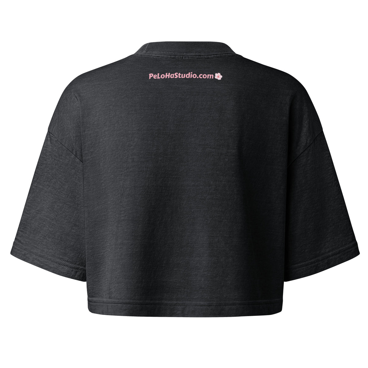 A dark charcoal gray cropped short-sleeve t-shirt shown from the back, photographed against a solid white background.