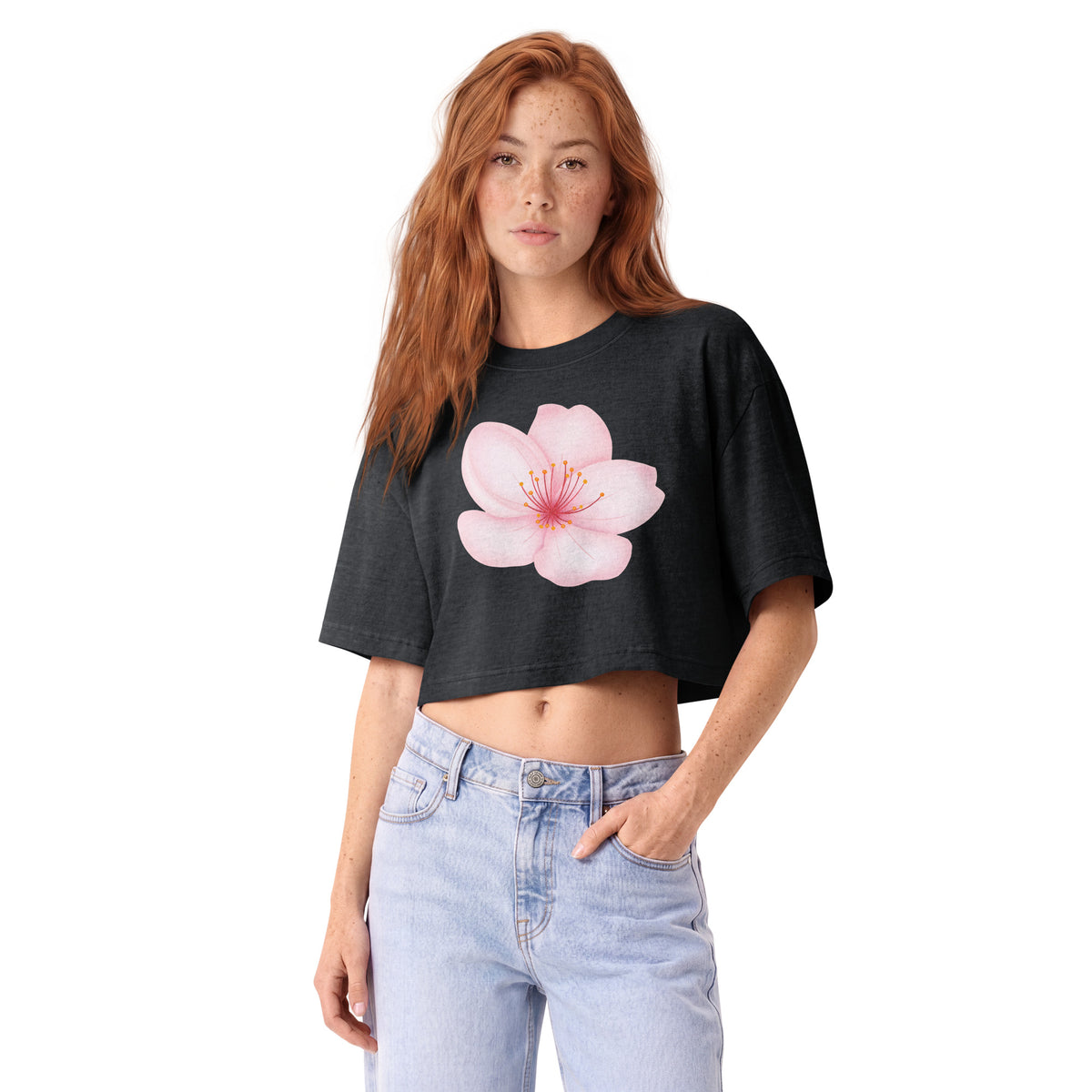 Women wearing cherry blossom graphic tee in garment dyed charcoal black cropped fit